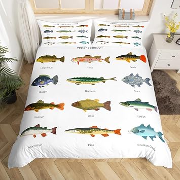 Feelyou Bass Fish Bedding Set King Size Cabin Lake Fishing Bedding Duvet Cover Set for Kids Boys Teens Farm Rustic Fisherman Comforter Cover Set Farmhouse Bedspread Cover Bedroom Quilt Cover 3Pcs