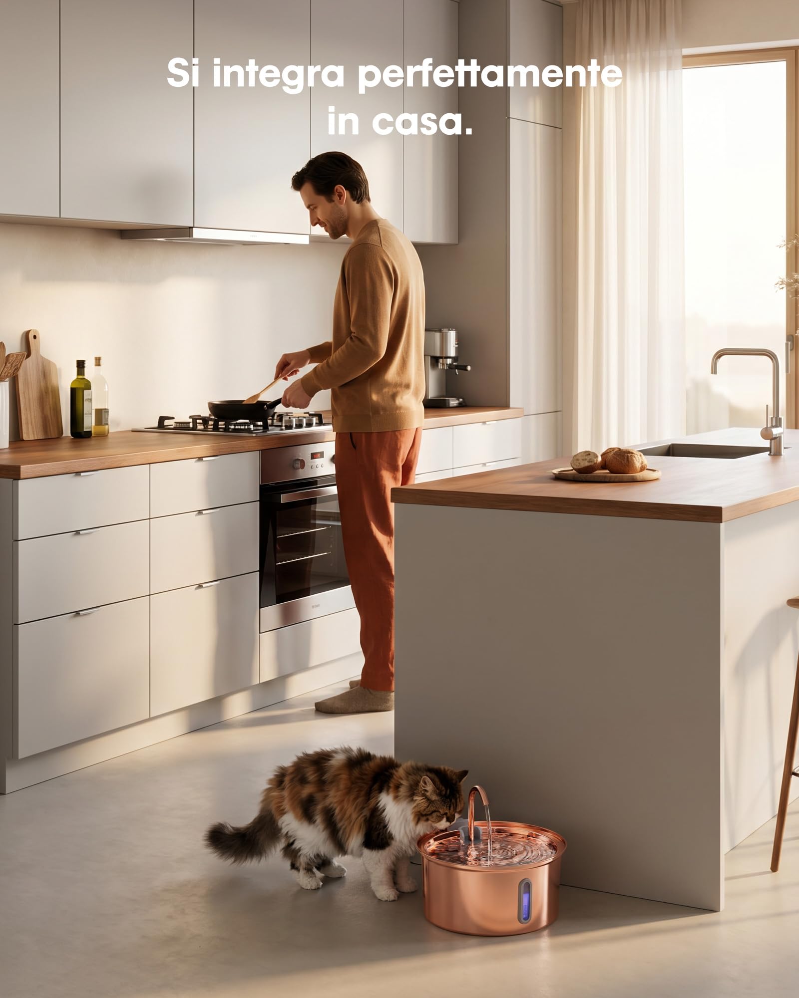 Kittyspout Fontana per gatti da 3,2 l, in acciaio inox, con 3 filtri e finestrella | Fontana particolarmente silenziosa per gatti e cani di piccola taglia, con delicata illuminazione a LED, superficie in rame