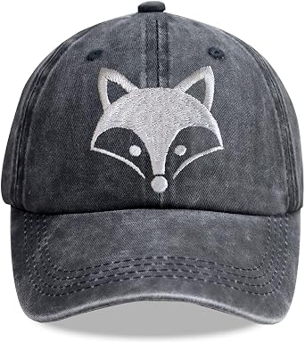 Animal Fox Head Hat, Adjustable Washed Cotton 3D Embroidered Baseball Cap for Wildlife Animal Fox Lover