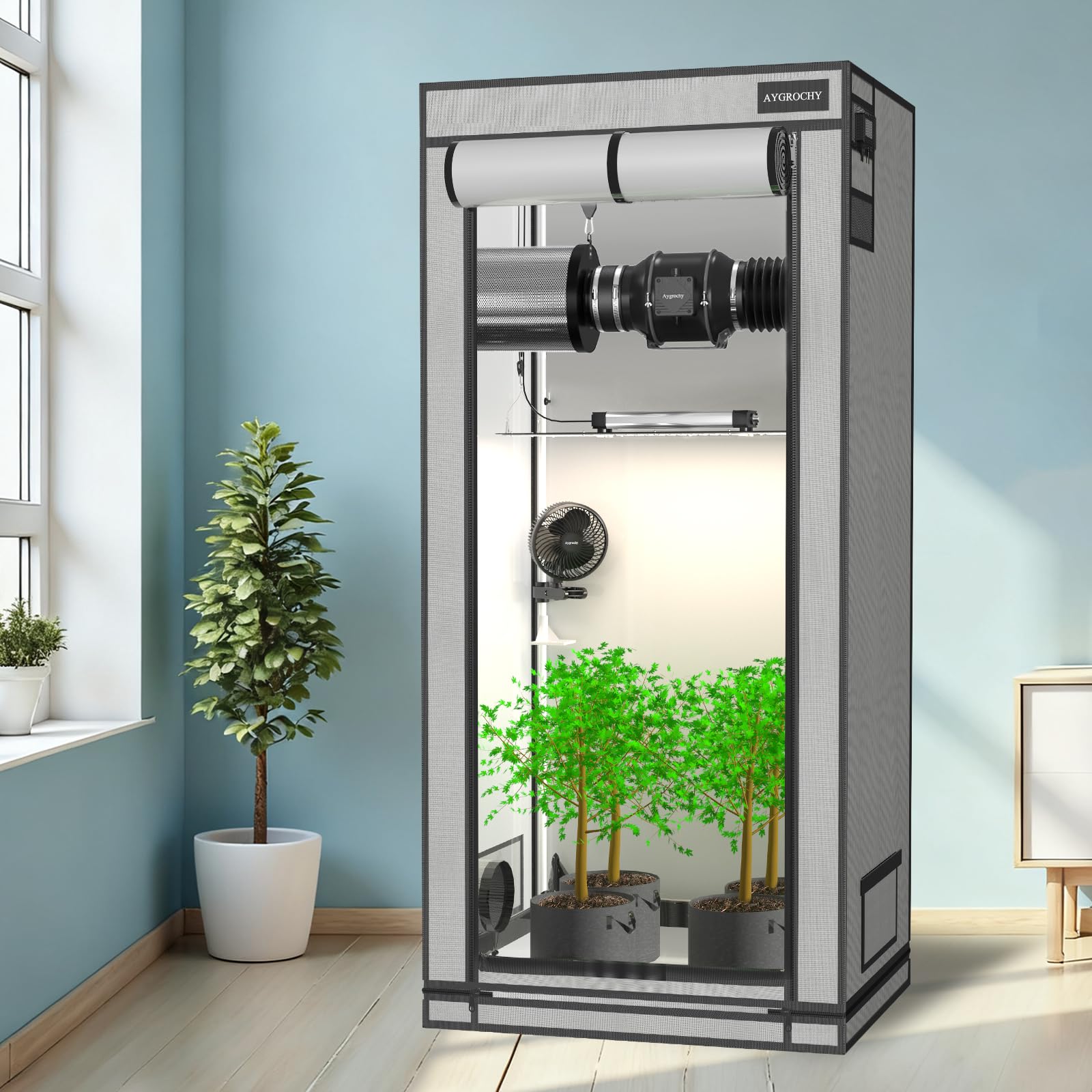 Aygrochy Growzelt 60x60x160cm, Indoor Grow Tent mit Reflektierende Weiß PEVA, abnehmbaren Boden Tablett,für Pflanzen wachsen Raum