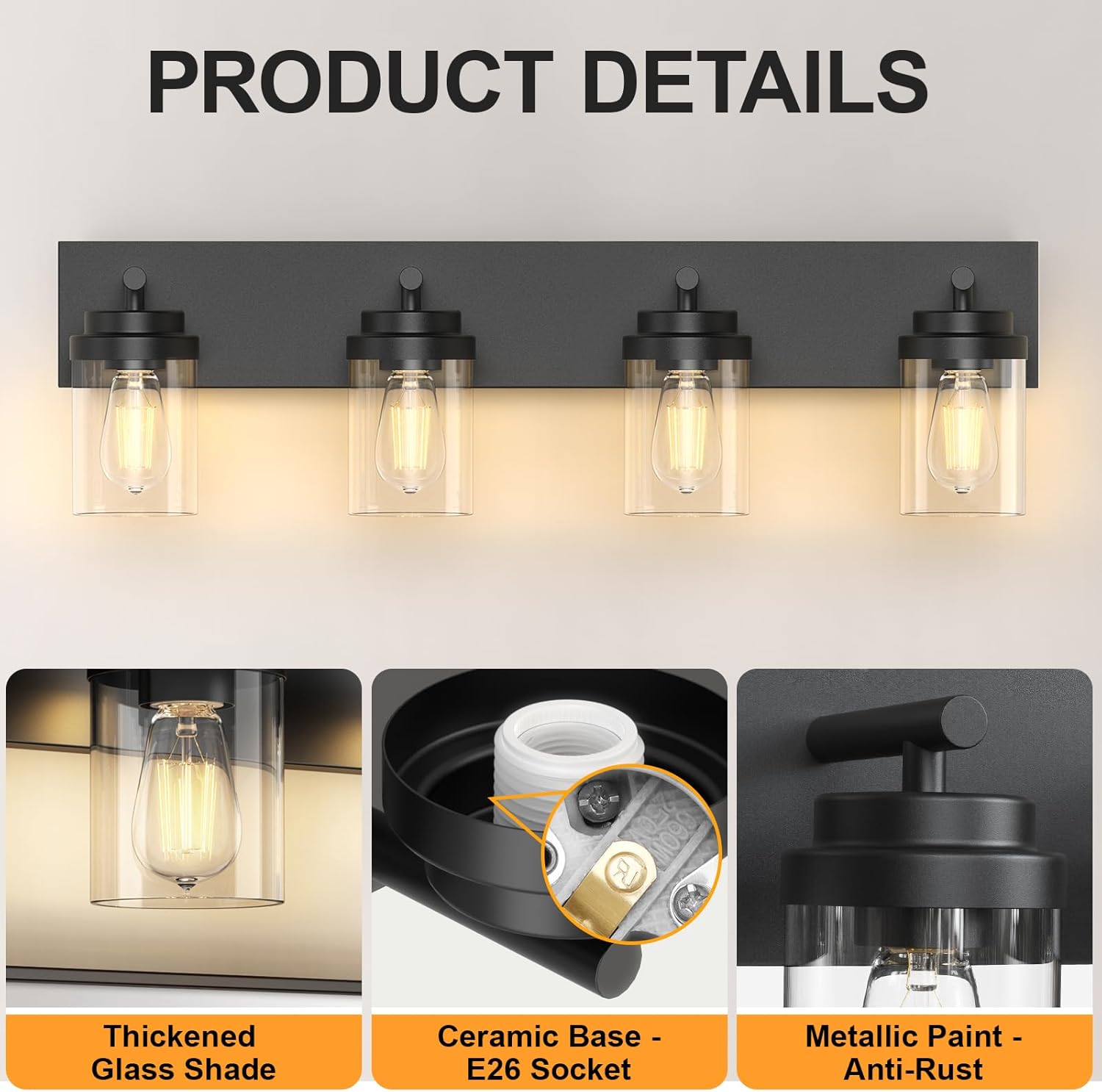 IZORRO Bathroom Vanity Light Fixture, 4-Light 27.5 Inch Matte Black Bathroom Light Fixtures Over Mirror, with Clear Glass Shade, Modern Farmhouse Vanity Lights, Rustic Restroom Lighting Fixtures