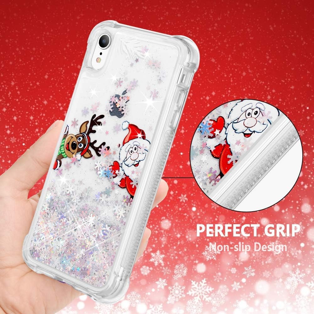Caka Christmas Case for iPhone XR, iPhone XR Christmas Case Glitter Bling Full Body Case Built in Screen Protector for Girls Women Shockproof Girly Sparkle Liquid Case for iPhone XR -Santa Claus