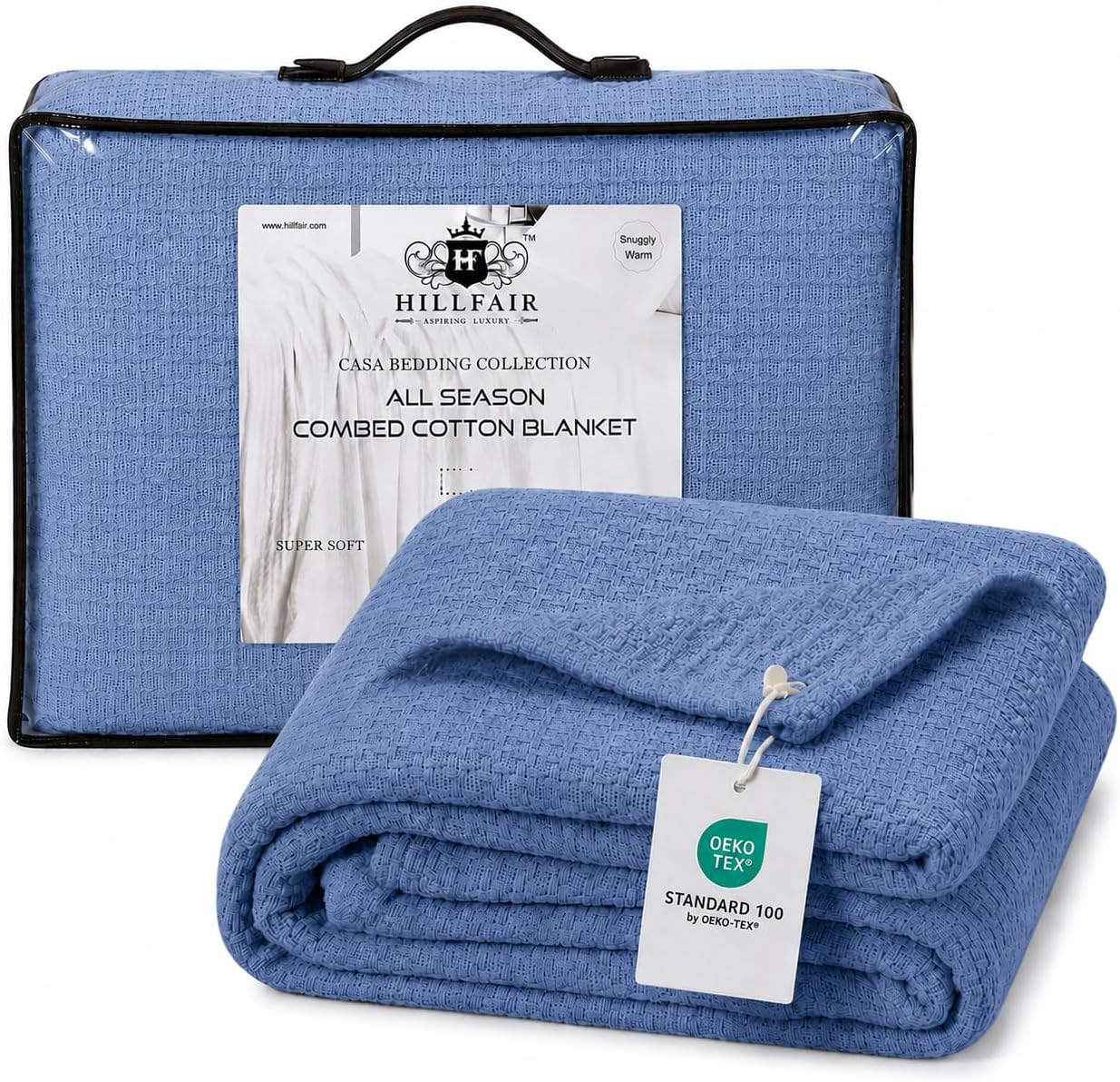 HILLFAIR 100% Combed Cotton Blanket– California King Size Bed Blanket – Warm Soft All Season Breathable Blankets – 102 x 108 inch Extra Large Oversized California King Cotton Blankets for Bed- Blue