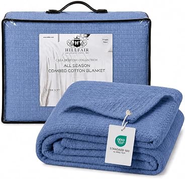 HILLFAIR 100% Combed Cotton Blanket Twin Bed Blanket Soft Cozy Warm Multipurpose Throws for Luxury Home Decor 66 x 90 inch Twin XL Size Cotton Blankets for Beds- Bed Blankets for All Season- Blue