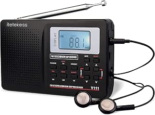 Retekess Rádio de ondas curtas V111, rádio digital portátil estéreo, operado por bateria com chave favorita e fone de ouvido, despertador digital para caminhadas