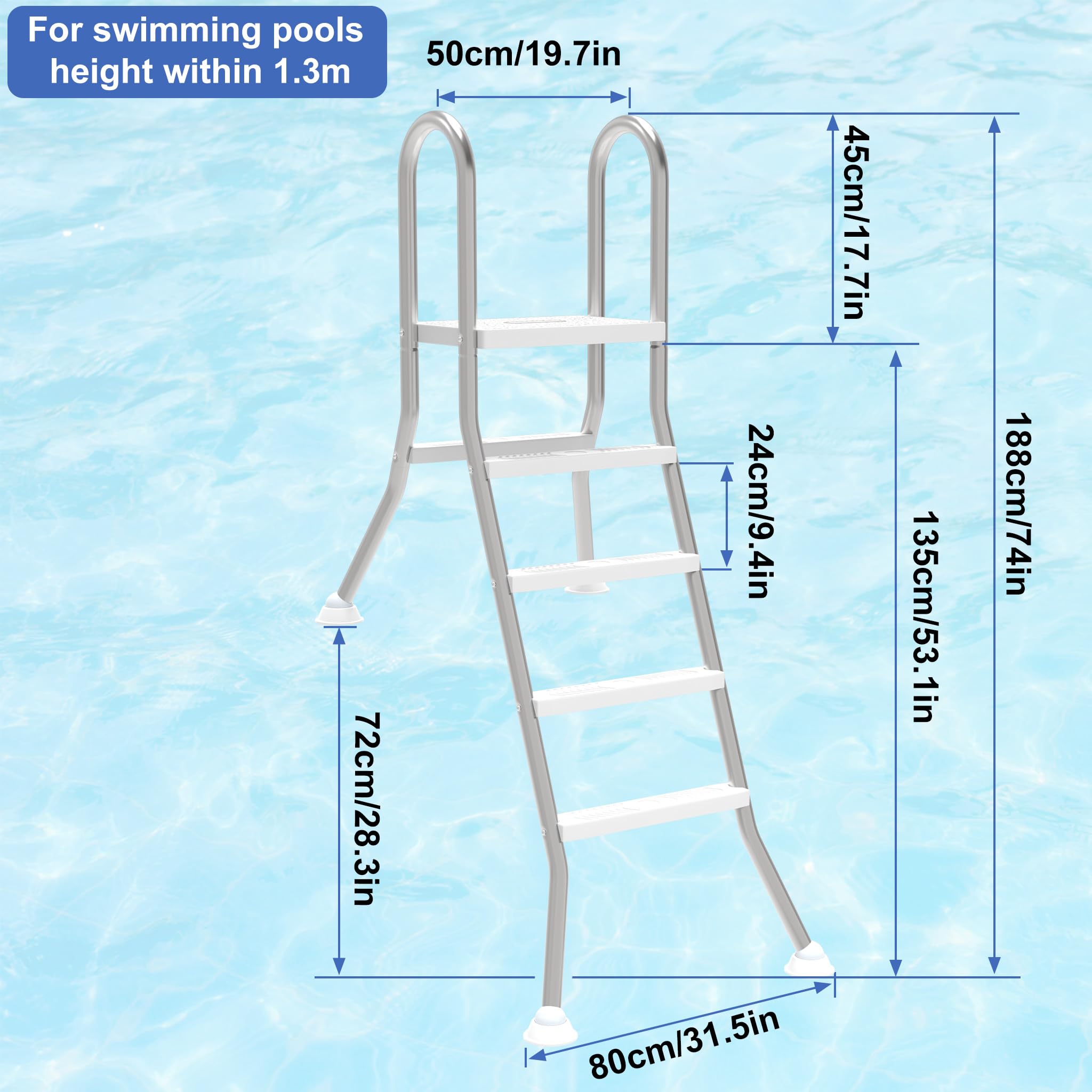 Échelle de piscine 4 marches acier inoxydable 304 antidérapant mobile pour piscines jusqu'à 135 cm profondeur