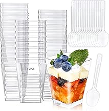 BIGP Pack of 50 Dessert Cups with 50 Spoons, Re-usable 160 ml Dessert Cups, Clear Dessert Bowls, Reusable, Square Dessert Cups, Trapezoid Cups for Home, Desserts, Pudding, Mousse