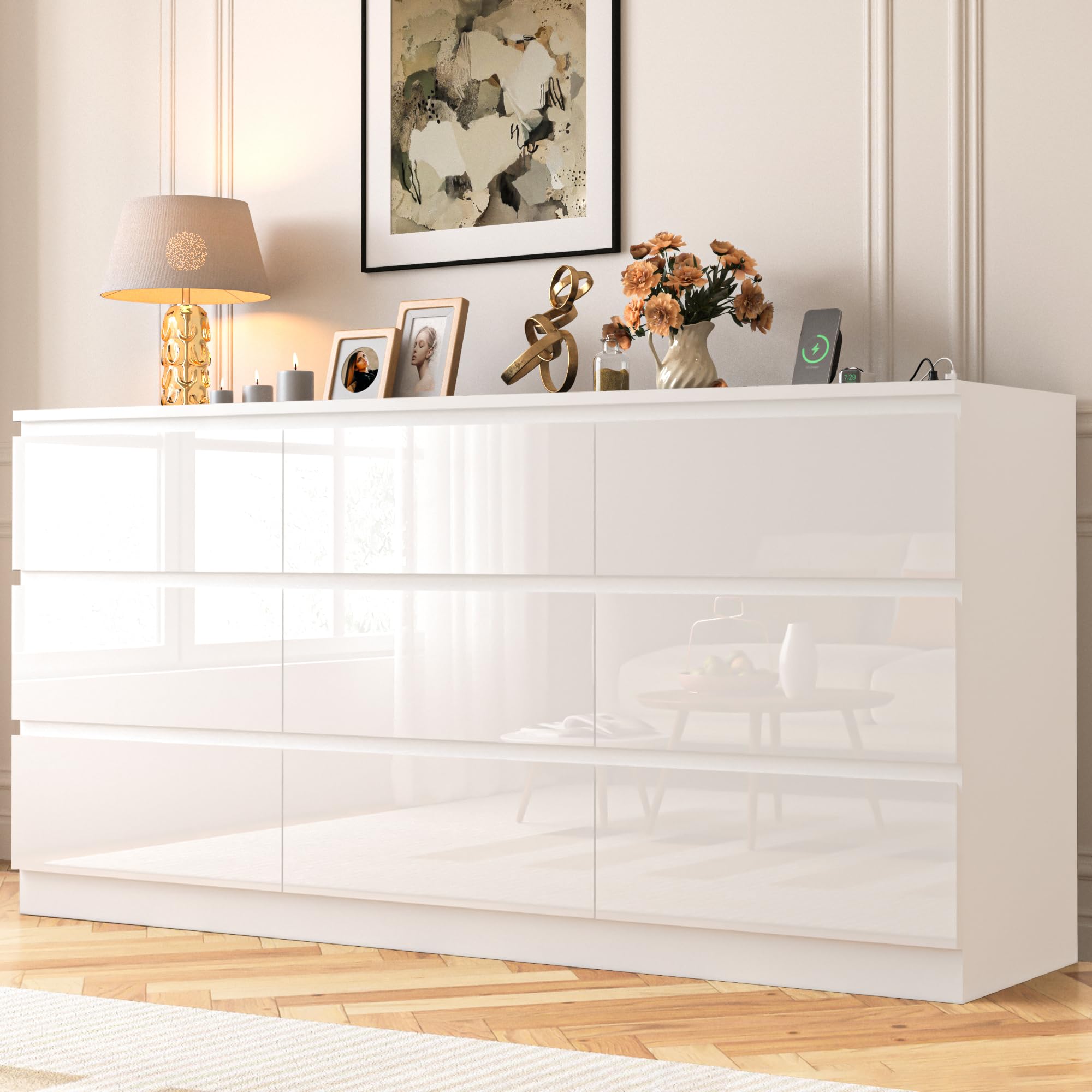 Amazon.com: JassmiPkwy 70 INCH 9 Drawers Dresser with Power Outlet, Wide  High Gloss Chest of Drawers Large, Modern Storage Drawer Dresser for  Bedroom, White : Home & Kitchen
