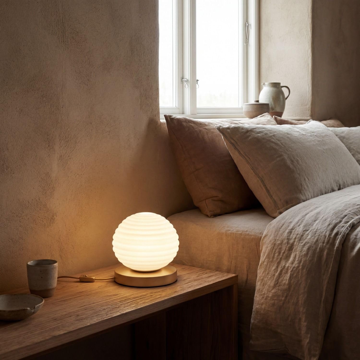Lampada da tavolo moderna in vetro e metallo bianco e oro con superficie rigata interruttore a cavo per soggiorno scrivania E27 16,5 cm Ø18 cm rotonda per camera da letto