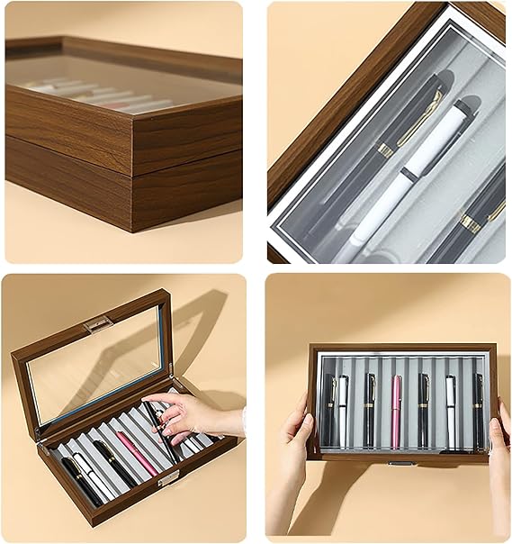 12-Slot Fountain Pen Display Box, Black Walnut Wood Pen Organizer with Clear Glass Window, Luxury Pen Storage Case for Fountain Pen Collection Pencil Holders