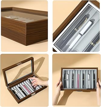 12-Slot Fountain Pen Display Box, Black Walnut Wood Pen Organizer with Clear Glass Window, Luxury Pen Storage Case for Fountain Pen Collection Pencil Holders