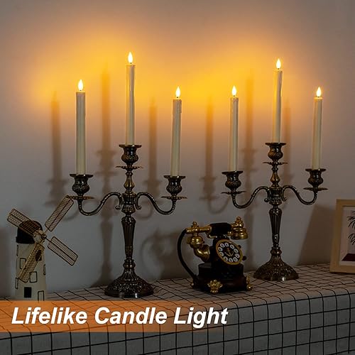 Miniatura 10 de Homemory 12 velas cónicas de plástico sin llama con temporizador remoto, candelabros LED marfil con luz de llama parpadeante, velas cónicas