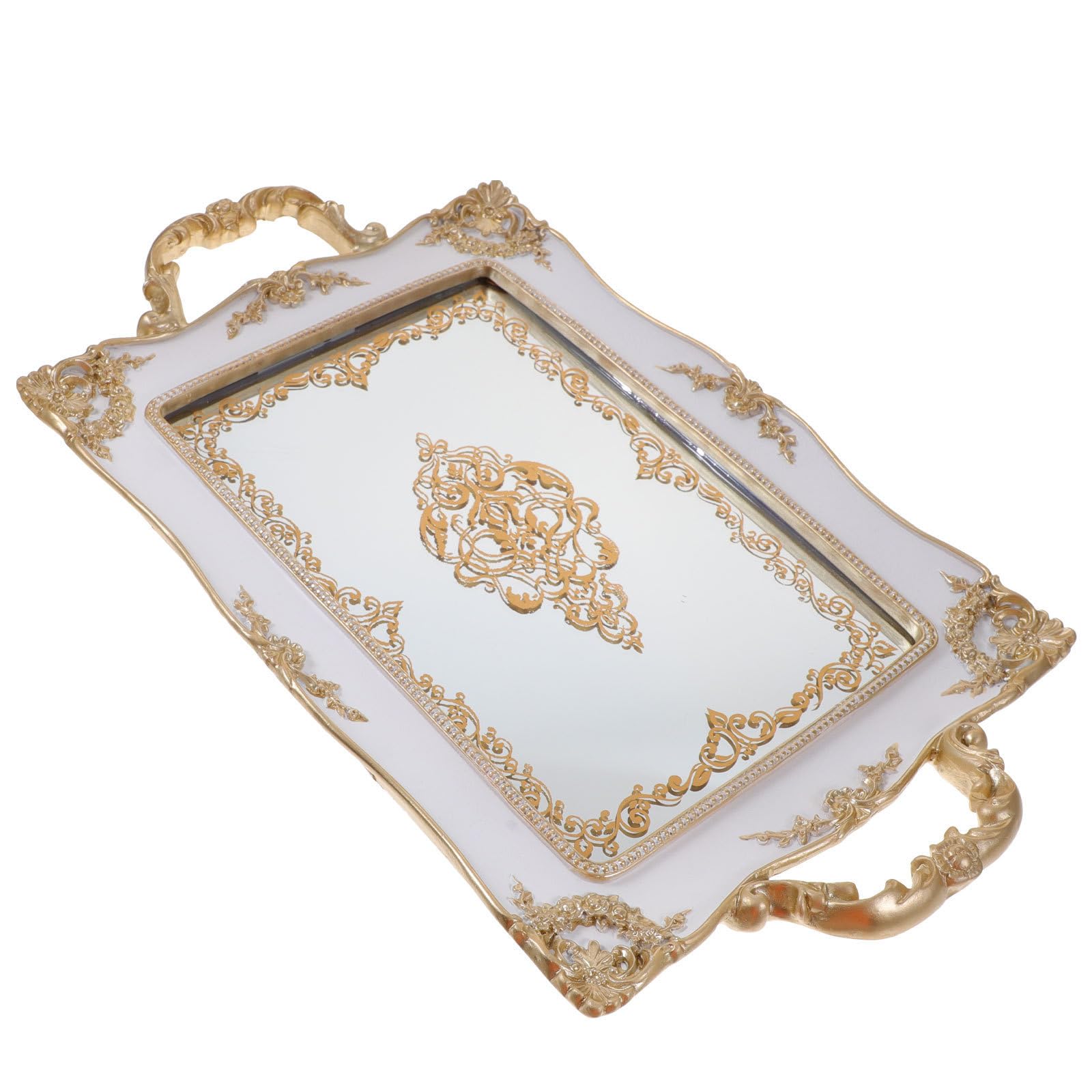 IMIKEYA Bandeja para Joyas de Tocador Bandeja Expositora de Joyas Vintage de Resina y Vidrio Dorado Superficie Espejo para Aretes Hogar y Tienda
