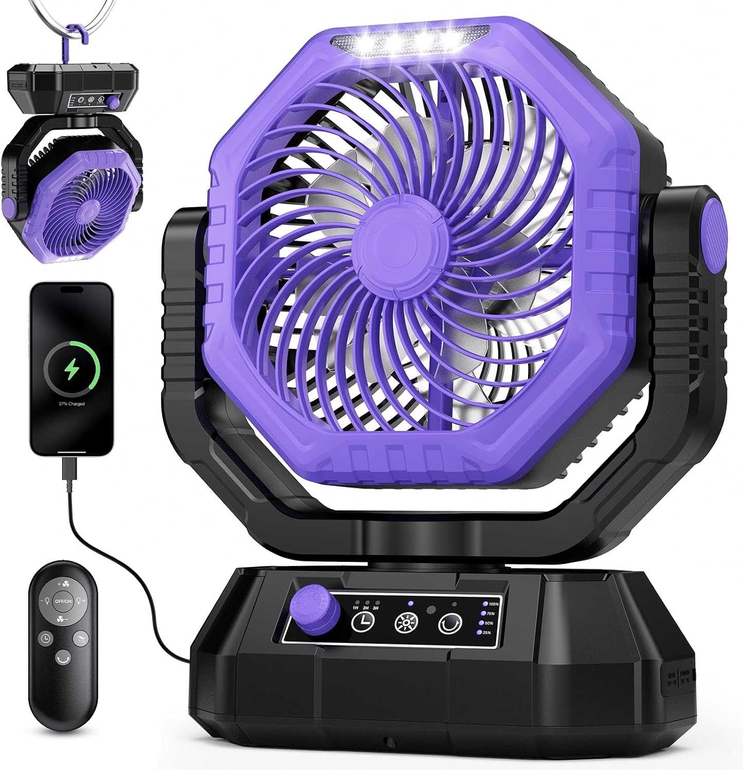 MKG Camping Fan Rechargeable, Oscillating Battery Powered Hanging Tent Fan with Light and Remote, Portable for Camp, Outdoor, Emergency Power Outage, Fishing, RV Travel (Purple)