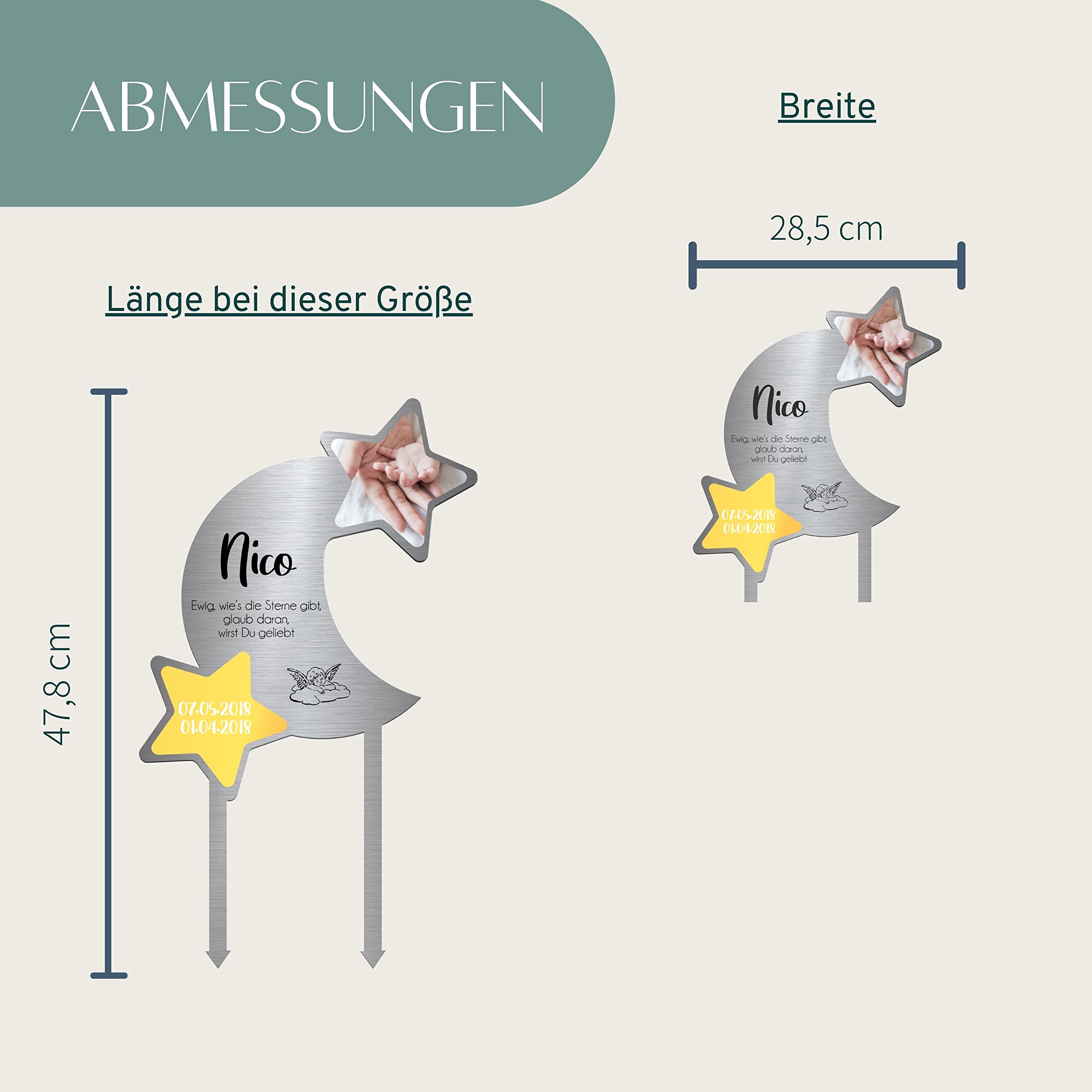 Edelstahl Grabstecker Mond & Sterne - Blumenstecker Metall | Personalisiertes Sternenkind Andenken - Sternenkinder Grabschmuck wetterfest | persönliche Friedhof Grab Kindergrab Deko (Personalisierbar)