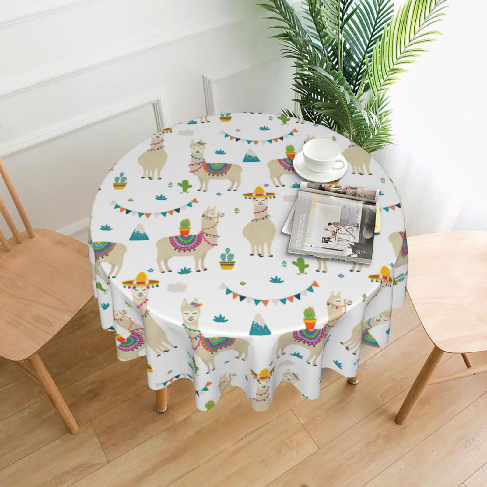 VCzsdff Camel cactus Print Stain Resistant Round Tablecloth 60in Family Friendly Polyester Cloth for Kids Meals