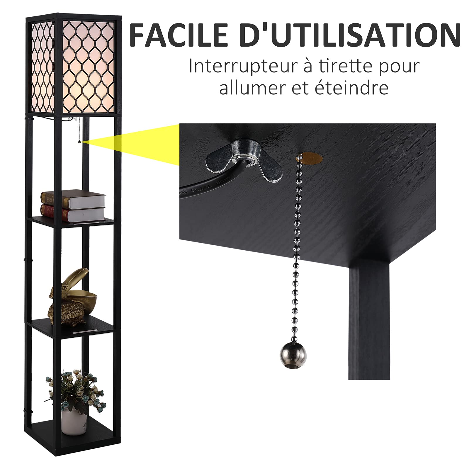 HOMCOM Lampadaire Étagère Lampe Étagère 26L x 26l x 160H cm MDF Noir