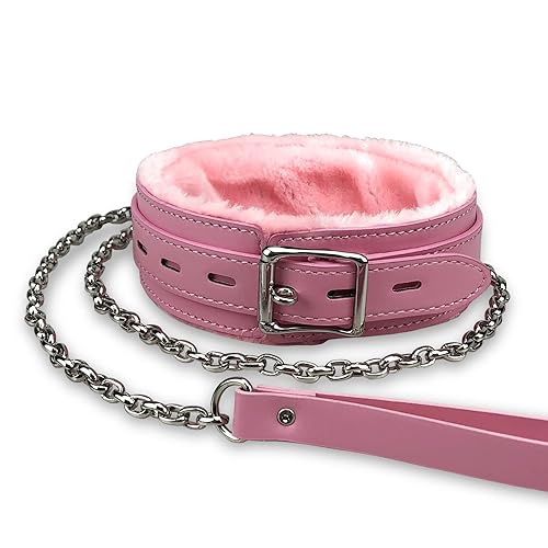 Gothic Leather Choker Collar, PU Leather Fur Lined Collars Necklace with Long and Durable Detachable Leash Chain Pet Collars, Pink - Pink