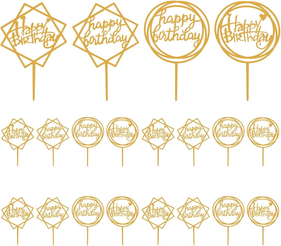 ERINGOGO 20pcs Birthday Cake Toppers Party Cupcake Picks Acrylic Non-edible Cake Decor for Birthday Party Supplies and Square Hear