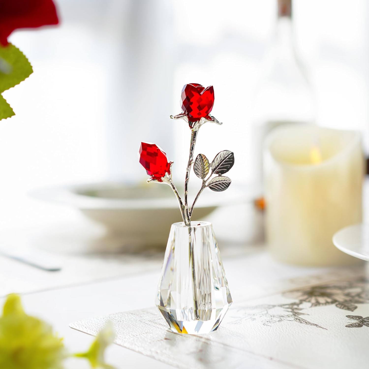 H&D HYALINE & DORA Crystal Red Rose Figurine Collectible Glass Double Roses Flowers Bouquets Ornament Decor for Home Wedding Party - Image 4