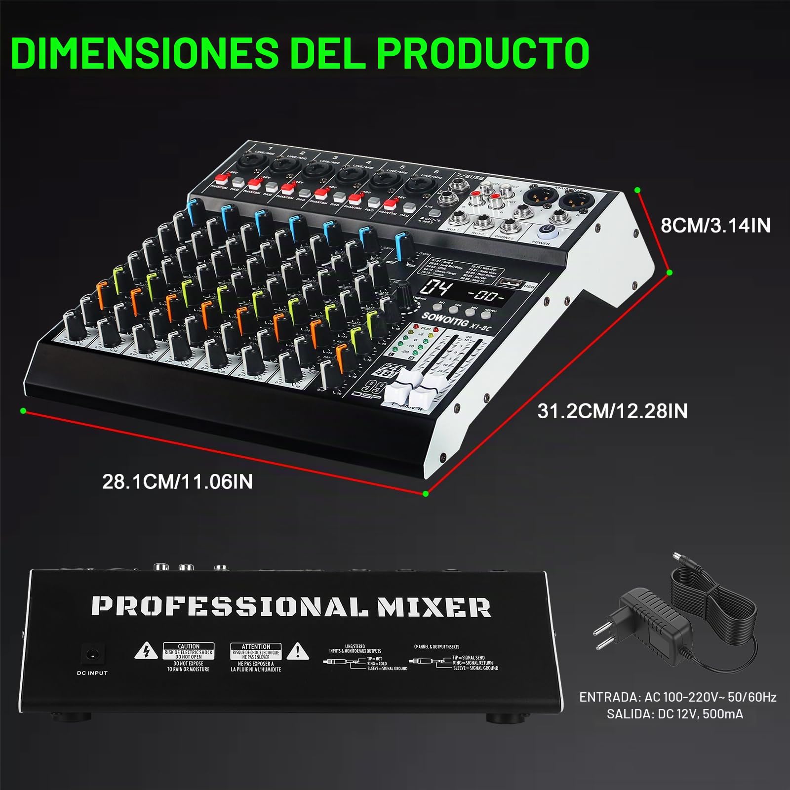 Consola mezcladora de audio de 8 canales con 99 efectos DSP, mezclador digital para DJ, mezclador profesional con USB, Bluetooth, alimentación fantasma de 48 V