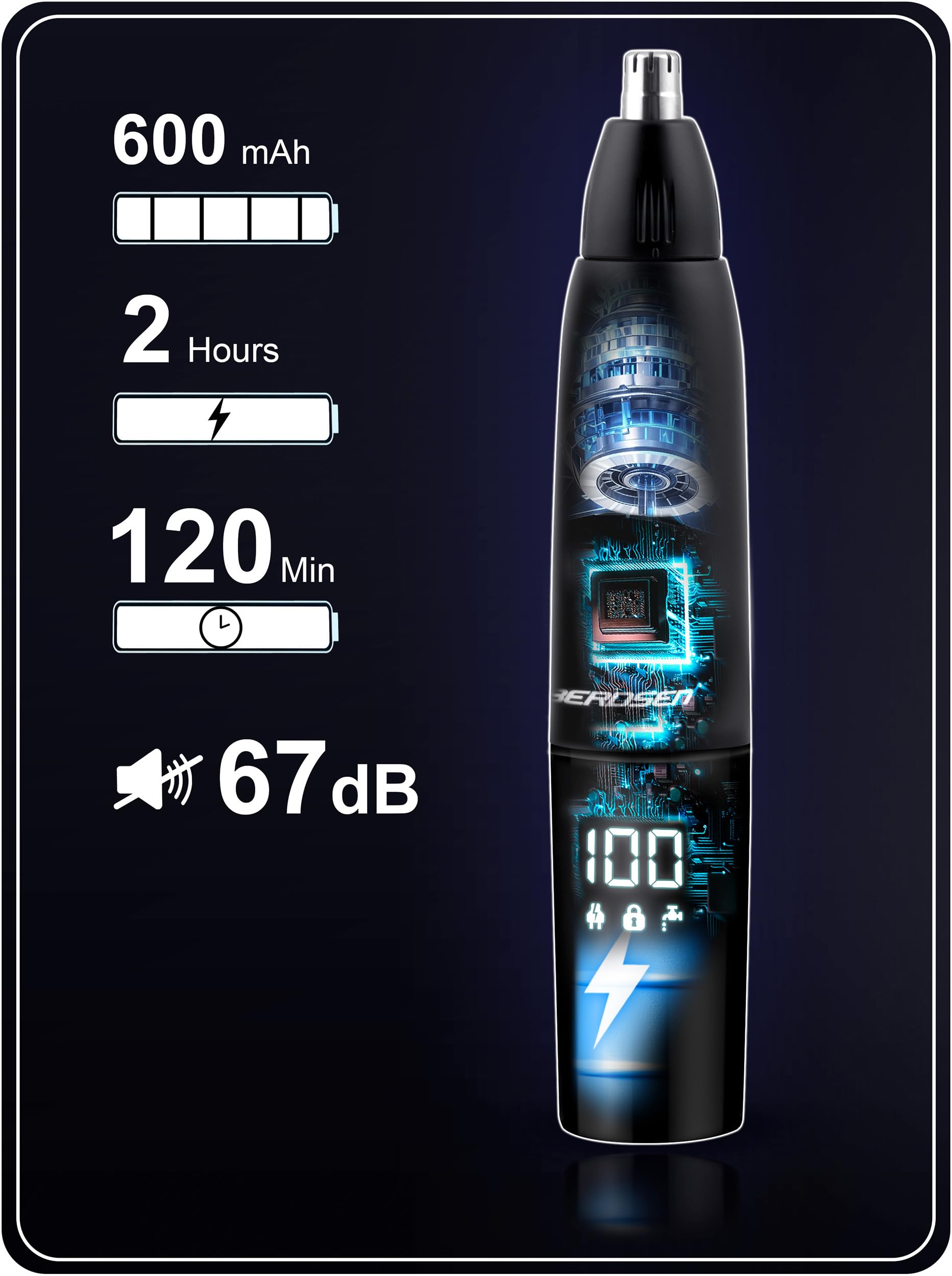 Berdsen Nasenhaartrimmer 3in1 Herren Elektrisch Ohrhaartrimmer Präzisionstrimmer 3 Wechselköpfe LCD Schwarz