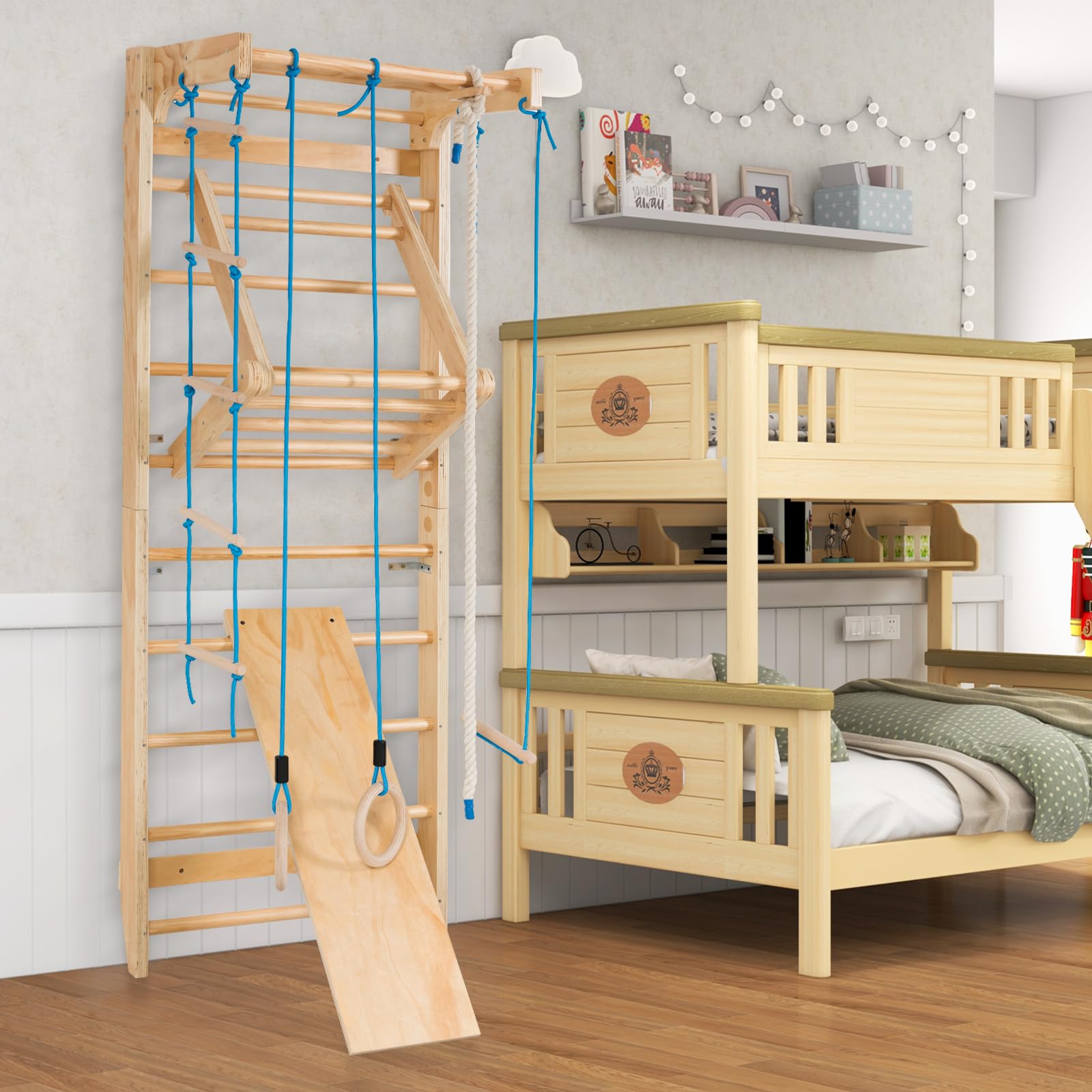 COSTWAY Espaldera Gimnasio Casa, Escalera Sueca Madera, Barra de Dominadas, Equipo de Entrenamiento para Adultos y Niños, Fitness Casa Deportiva Carga 100kg, 80x60x220cm, Natural