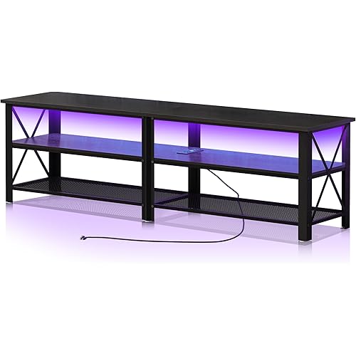 Clikuutory Modern Black 71 inch Metal TV Stand with LED Lights and Power Outlets for 50 60 65 70 75 80 Inch TVs, 3 Tier Television Stands with Entertainment Center and Storage for Living Room, Bedroom