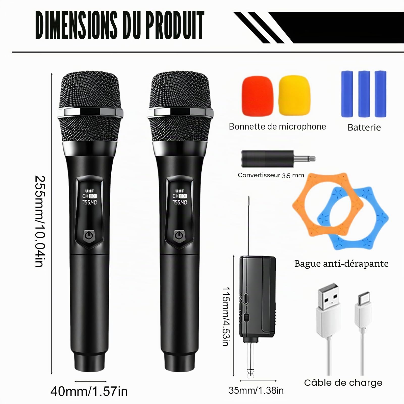 Microphone Sans Fil, Double Microphone Karaoké, Double Portable Micros Dynamiques Avec Récepteur, Microphones A Main Sans Fil Rechargeable Pour Églises, Mariages, Karaoké, Chants, Fêtes, Soirées, Dj