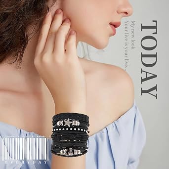 6Pcs Punk Leather Bracelets Set for Women Men,Black Skull Adjustable Braided Wide Wristband,Unisex Rock Cuff Wrap Bracelets Jewelry Accessories