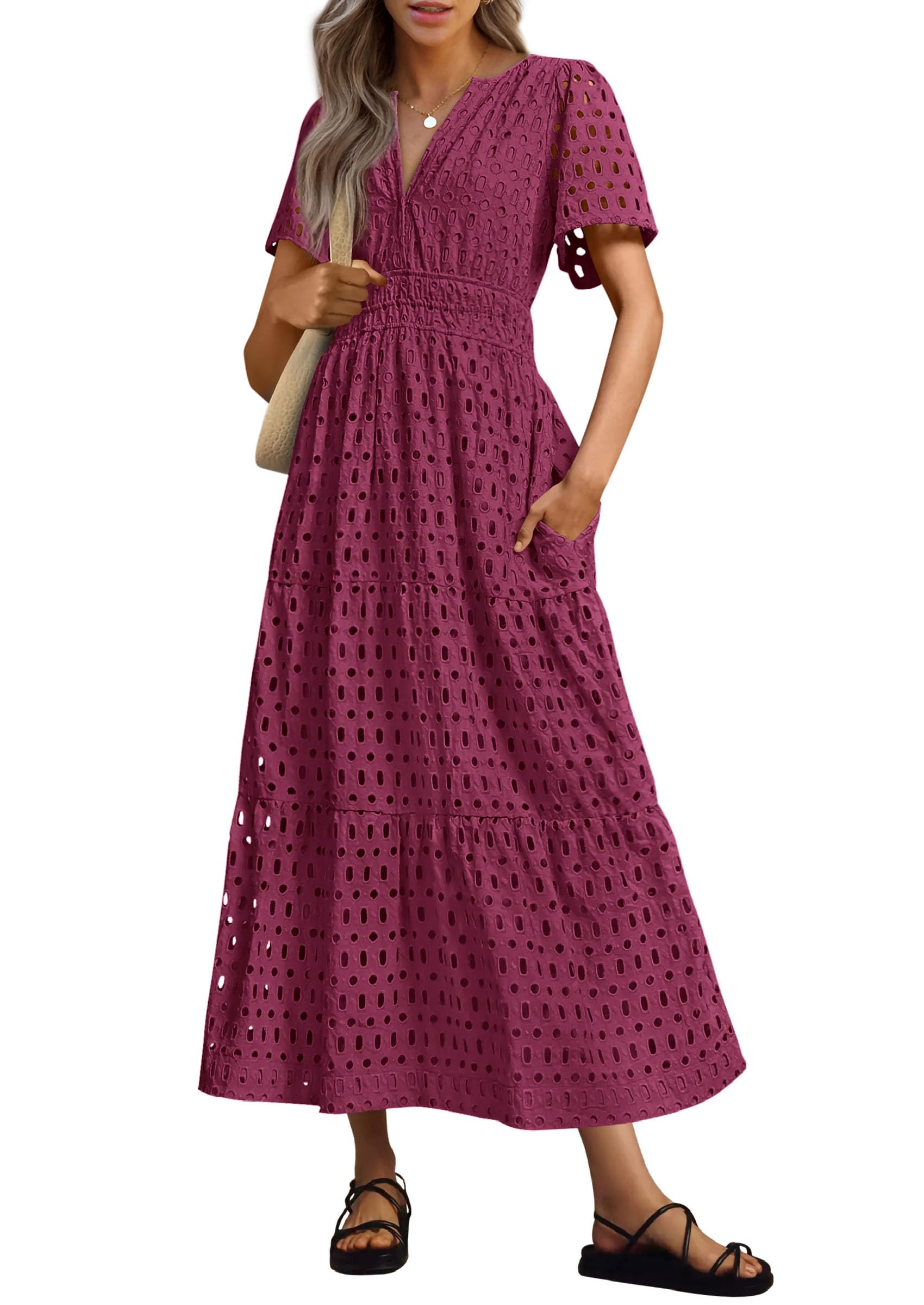 PRETTYGARDEN Womens 2025 Summer Maxi Dress Short Sleeve V Neck Hollow Out Eyelet A Line Long Flowy Beach Vacation Dresses
