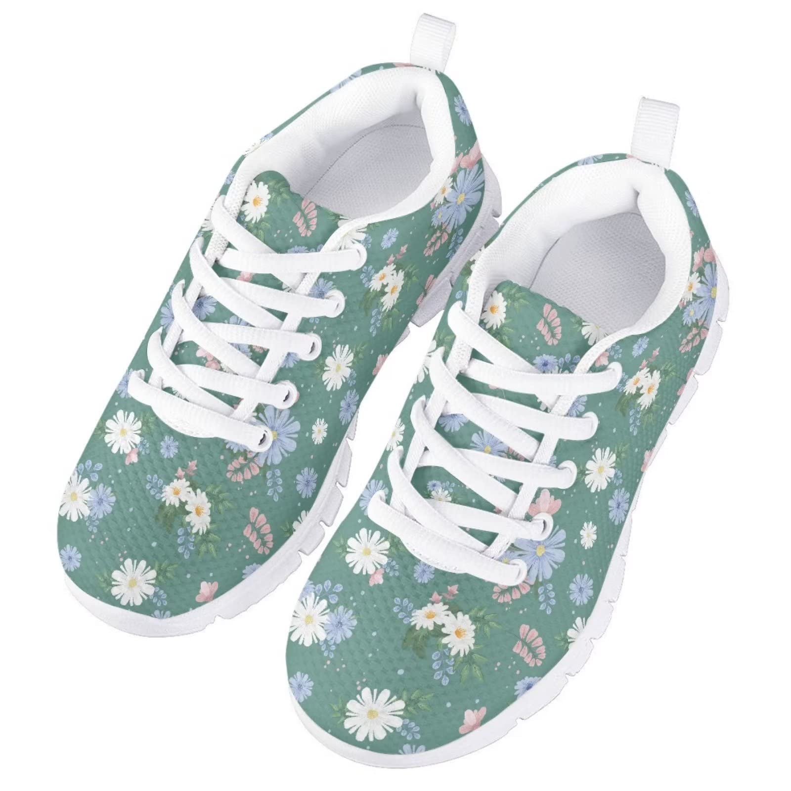 GIFTPUZZ Kids Running Shoes Child Casual Sneakers Pretty Floral Pattern Tennis Shoes Breathable Mesh Athletic Lace Up Trainers Soft Working Travel Hiking Fashion Knitting Shoes Platform Flats 11.5