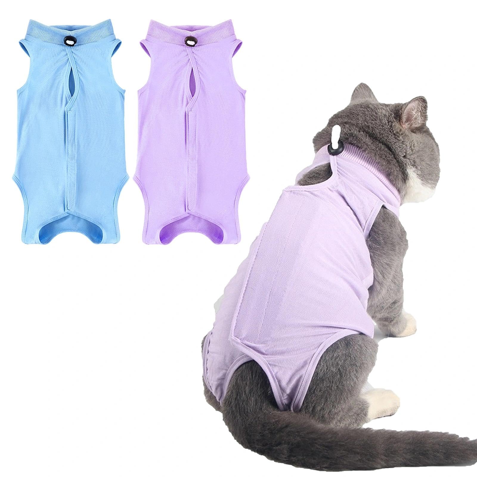 2PCS Gilet de Récupération de Chat,Body Chat Post Opératoire Stérilisation, Combinaison de Récupération pour Chat Anti Léchage， Protection Post-Chirurgie, Contre Les Maladies de Peau -Violet + Bleu(M)