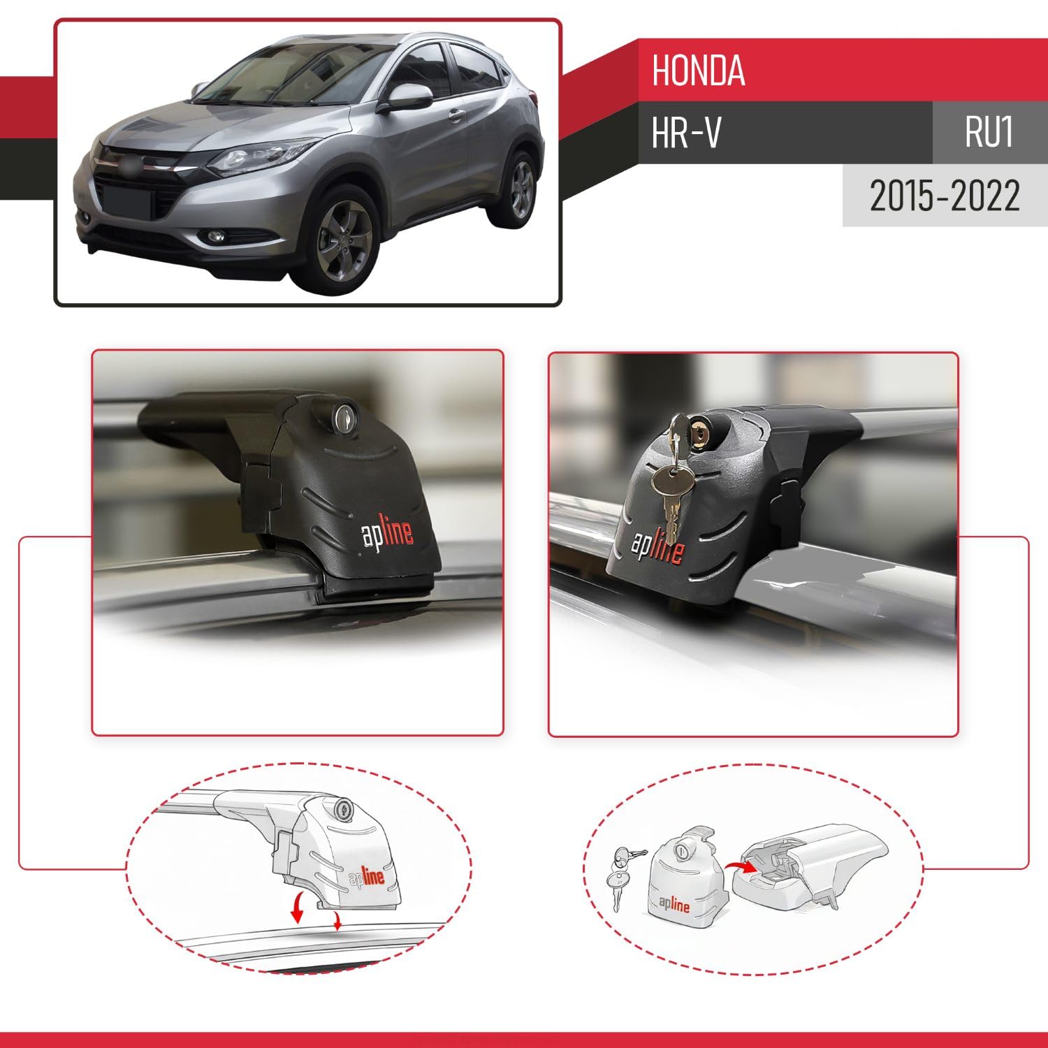 Compatibile con Honda HR-V (RU1) 2015-2022 Modello ACE-2 Barre Tetto Portapacchi Auto Barre Portatutto Grigio Alluminio 2 Barre
