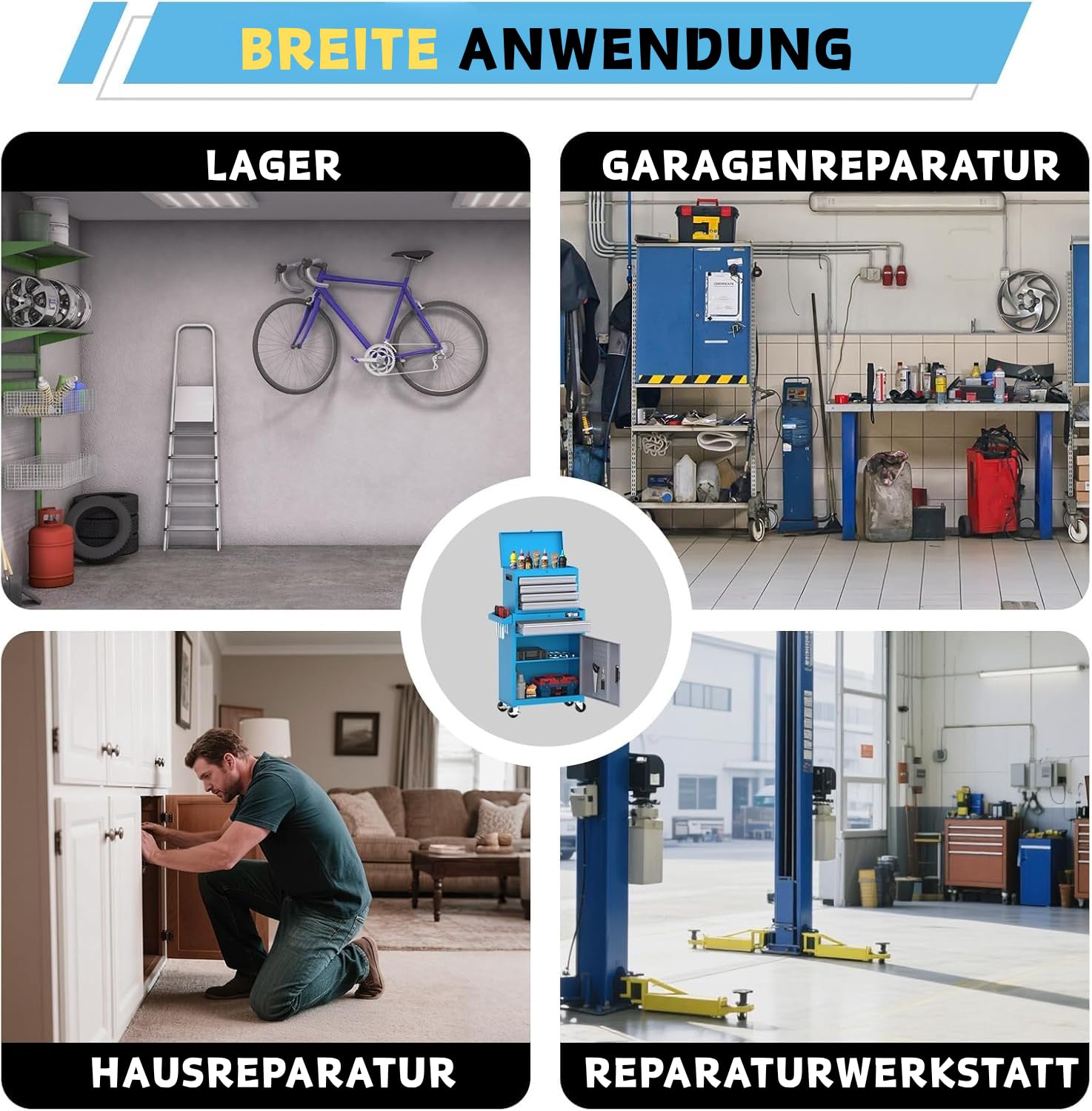 LEADZM Werkstattwagen leer, Werkzeugwagen leer, Werkzeugschrank mit Schloss, Koffer & 5 Fächer & verstellbarem Regal, Kugelgelagerte Schubladen, Metall, 52x28x102cm（Blau）