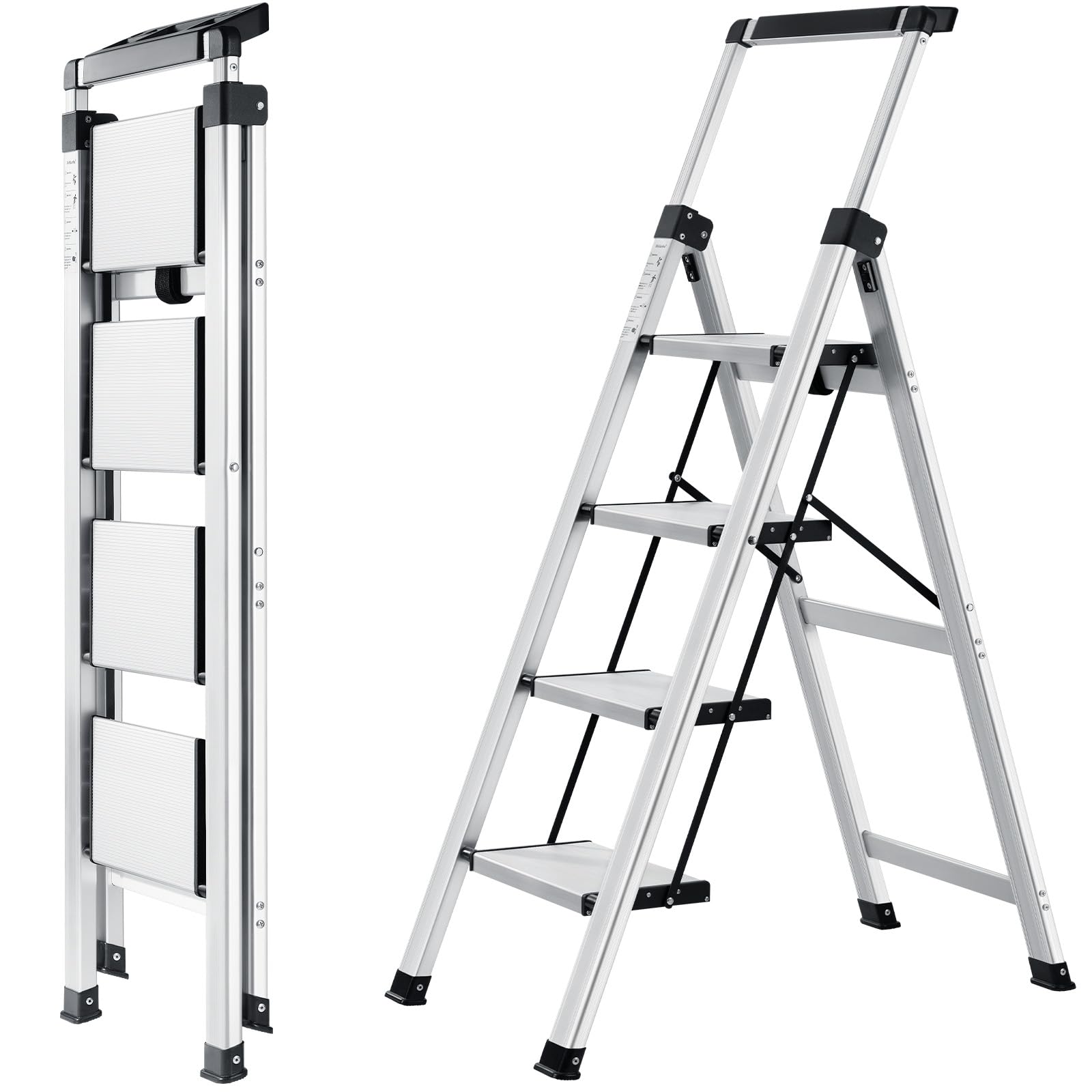 XinSunho Foldable ladder 4 steps stool, Step Ladder With Extendable Handrail, Lightweight Aluminium Step Ladder For Home, Non-Slip Portable Ladder For Kitchen, Library And Office ,Maximum Load 150 Kg