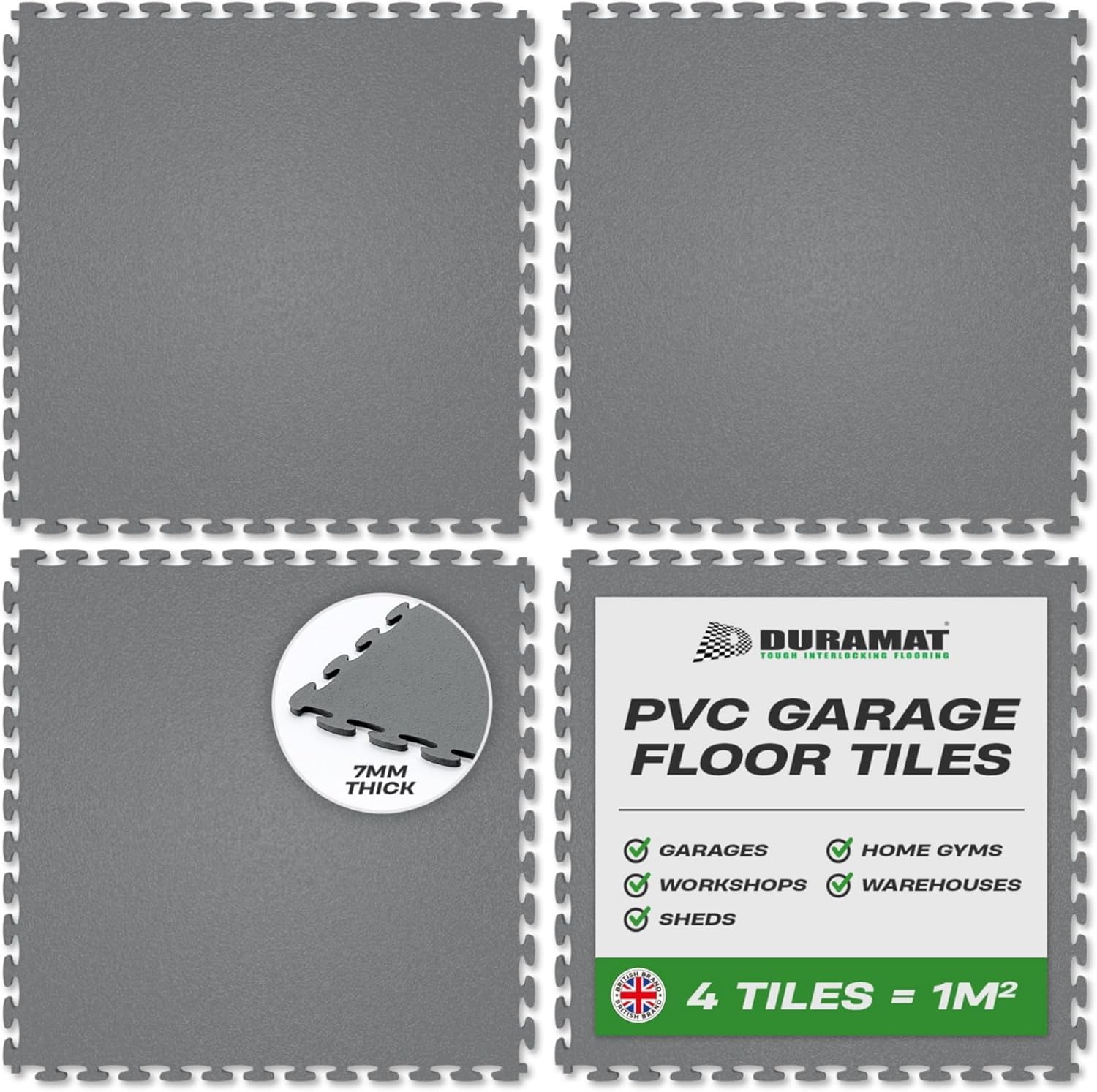 DuraTile Grey Heavy Duty Interlocking Garage Flooring Tiles | 500mm x 500mm x 7mm | PVC Floor Tiles for Garage, Workshop, Home & Showroom Flooring | Pack of 4 Tiles