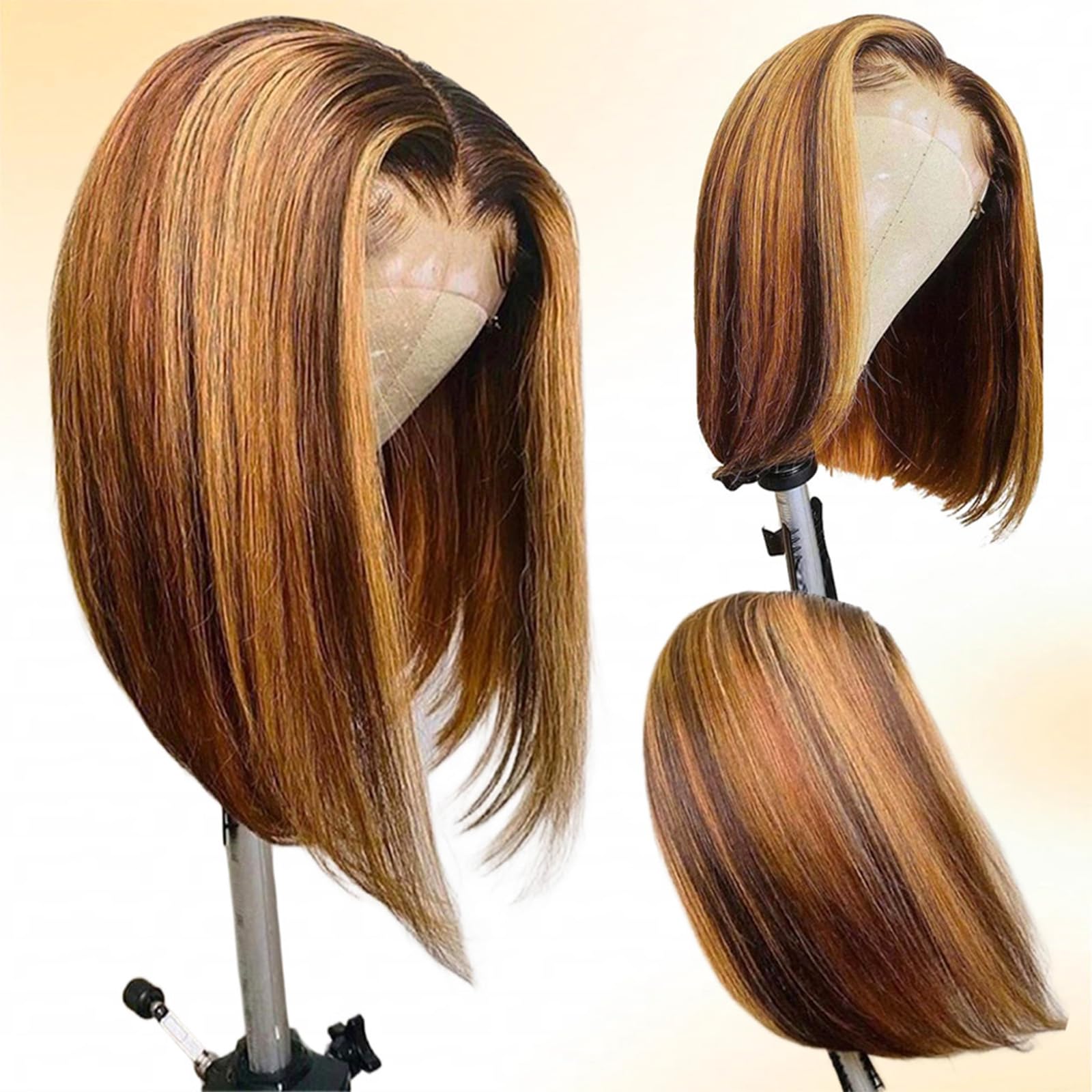 Peluca Bob con reflejos de cabello humano predepeilada 13x4 ombré rubio miel HD encaje frontal, pelucas Bob para mujeres negras 4/27 sin pegamento, peluca Bob ombré de rubio a castaño, lista para usar 4