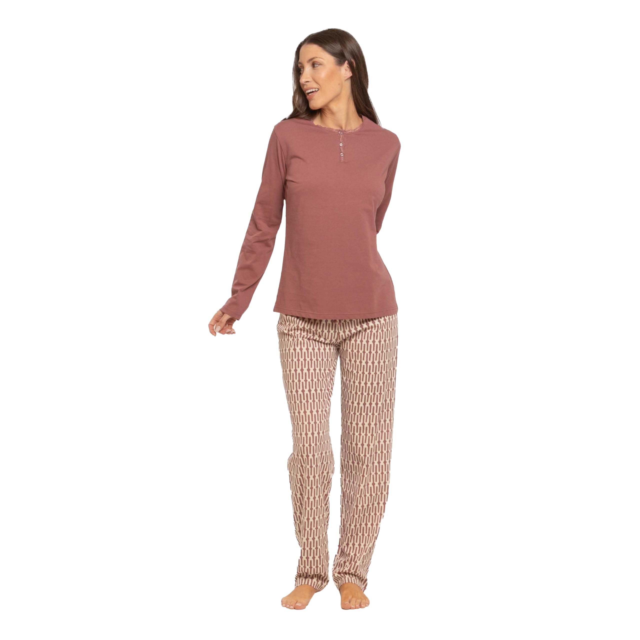 TRAMAS+ Pyjama 100% Coton pour Femme, Pyjama Long pour Femme, Ensemble t-Shirt à Manches Longues et Pantalon Long avec Taille Ajustable, Ensemble pour Femme