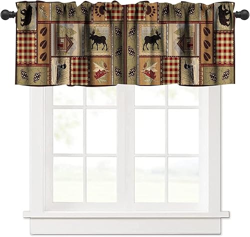 Cenefa de cortina de cocina de animales retro, diseño de animales silvestres, alce, oso, pato, rústico, vintage, cenefa de ventana para dormitorio,