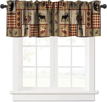 Retro Animal Kitchen Curtain Valance, Forest Wildlife Elk Bear Duck Rustic Vintage Lodge Window Valance, for Bedroom Living Room Cafe Bathroom W54xL18in 1 Panels