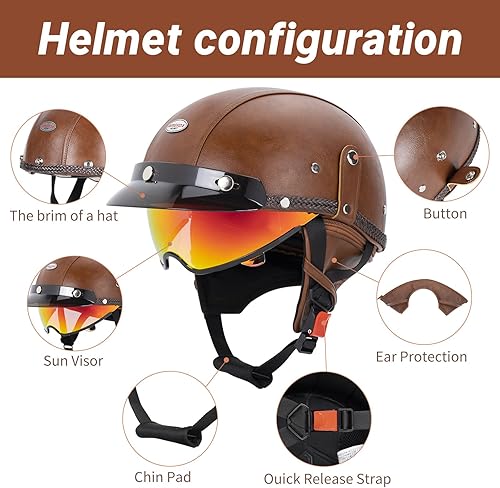 Miniatura 5 de Medio casco de motocicleta para hombres y mujeres adultos, casco de motocicleta de cara abierta con visera retráctil para el sol, certificado DOT