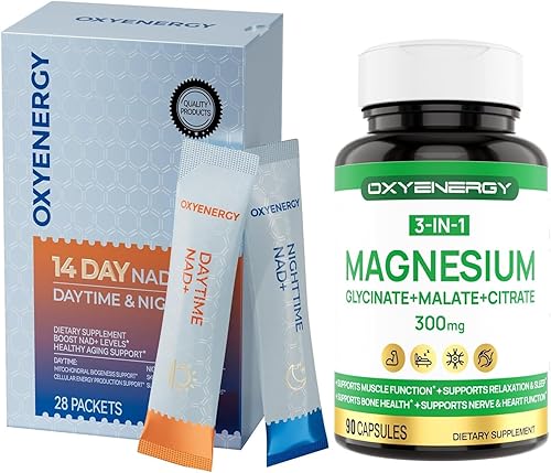 OxyEnergy Suplemento NAD Anti-Envejecimiento y Renovación Celular, 28 paquetes y Complejo Triple Magnesio, Glicinato de Magnesio 300mg 90 Cápsulas