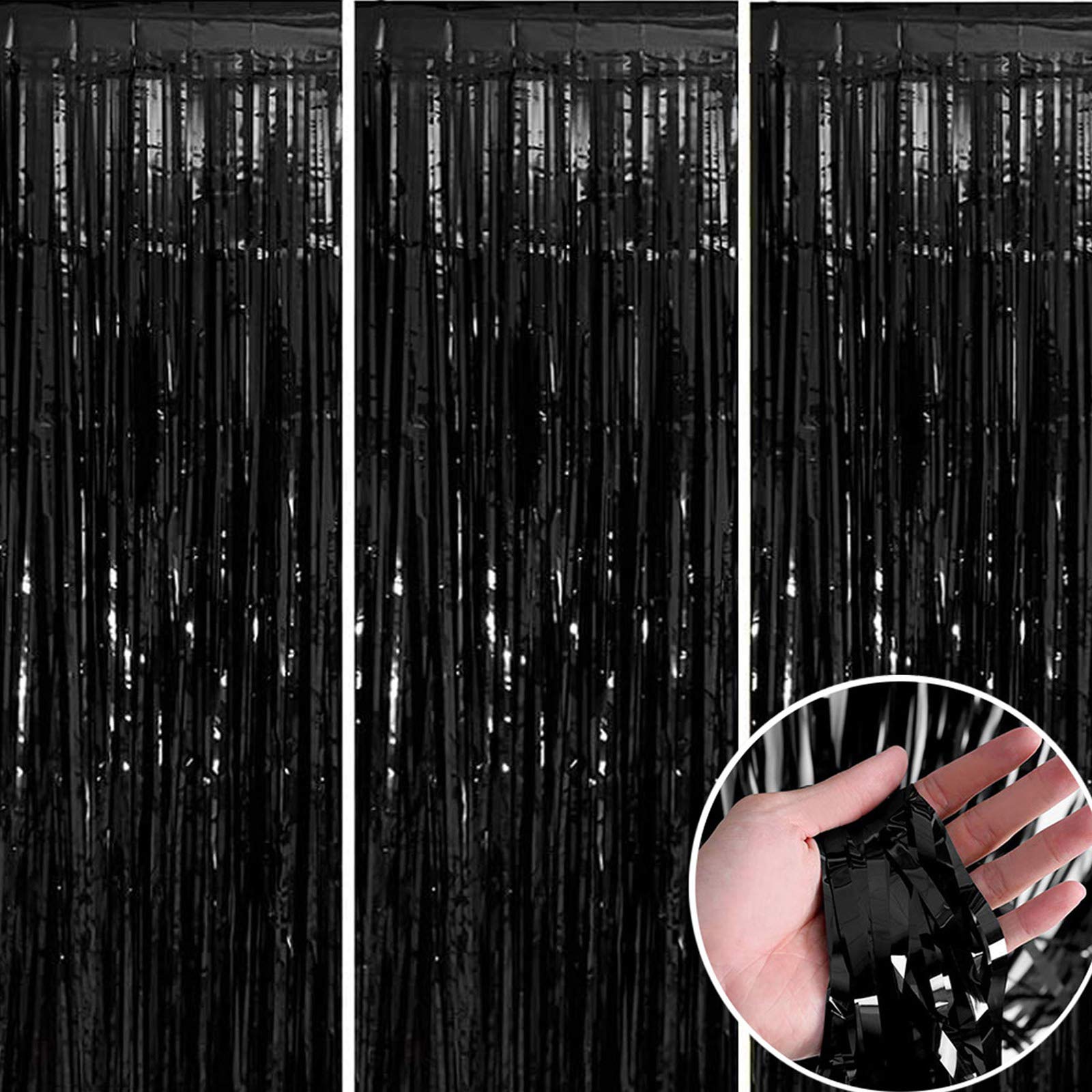 KIRIKOU Pack of 3 Foil Fringe Curtains Backdrop Party Decoration, Metallic Tinsel Curtain Photo Backdrop for Birthday Bachelorette Party Bridal Baby Shower Decorations(Black, 3.2ft x 6.5ft)