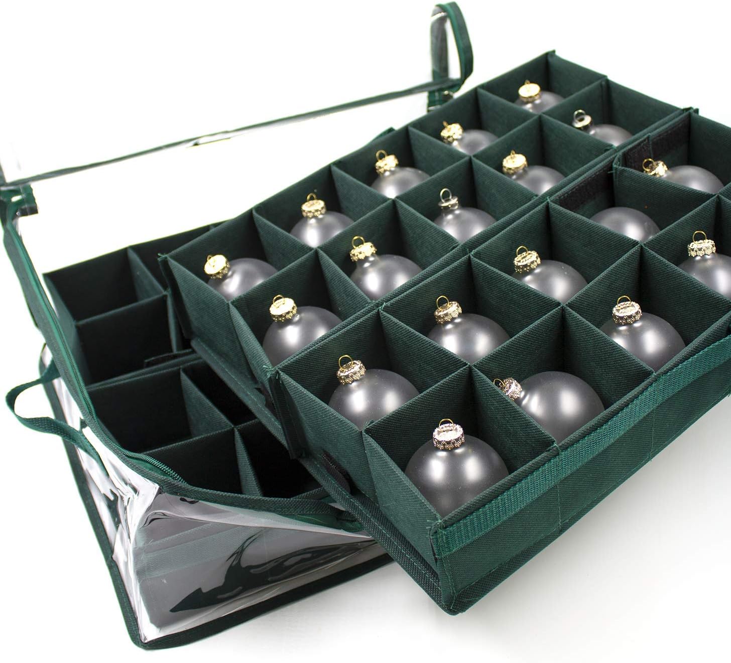 LAMINET Holiday Christmas Ornament Storage Container for 40 Ornaments | Clear Transparent Case with Convenient Nylon Carry Handles - Collapsible Walls Assemble in Seconds