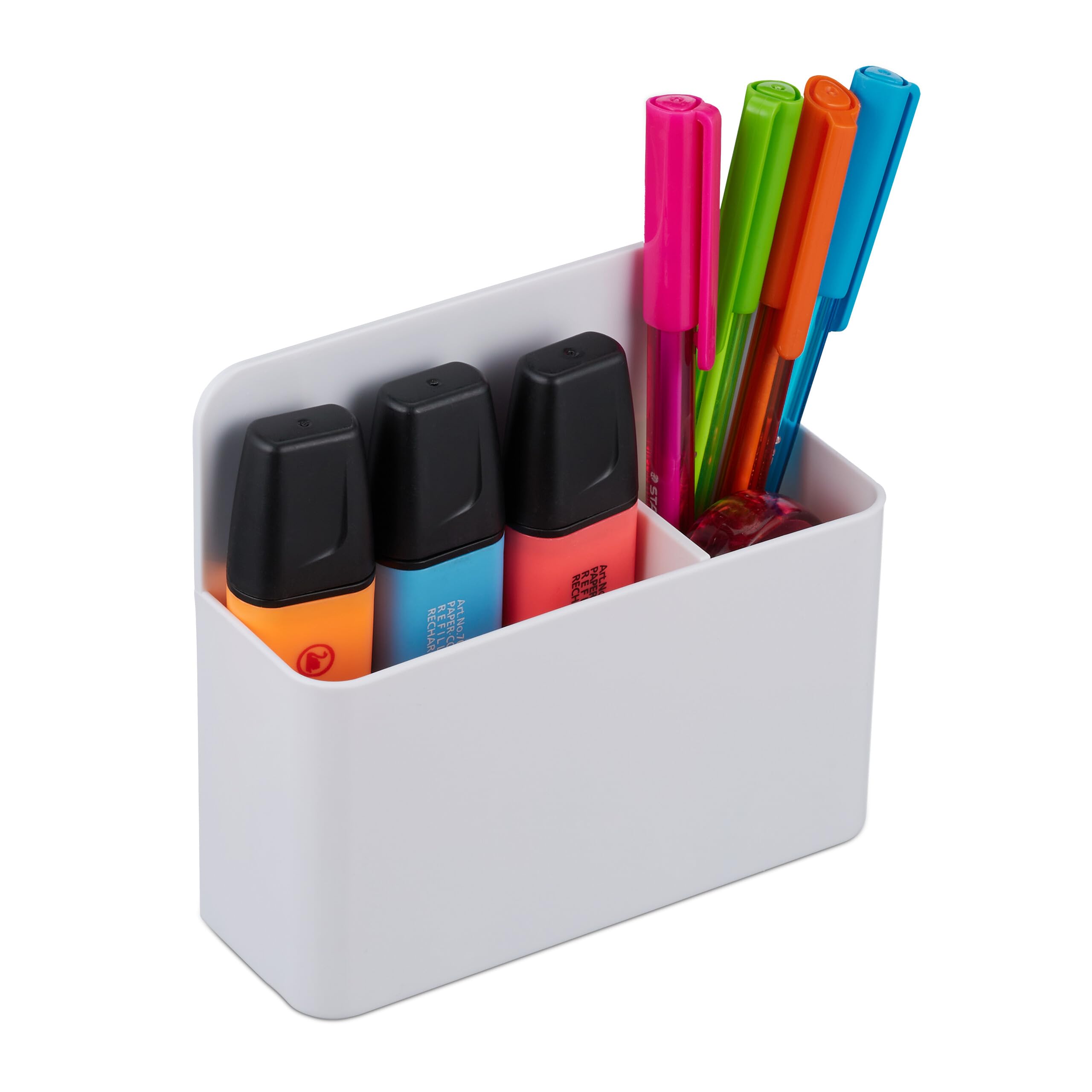 Relaxdays Pen Holder, Set of 2, Magnetic, Office Organiser, HxWxD: 11.5 x 12.5 x 4 cm, Wall Accessory, Pencil Cup, White, Plastic, Iron
