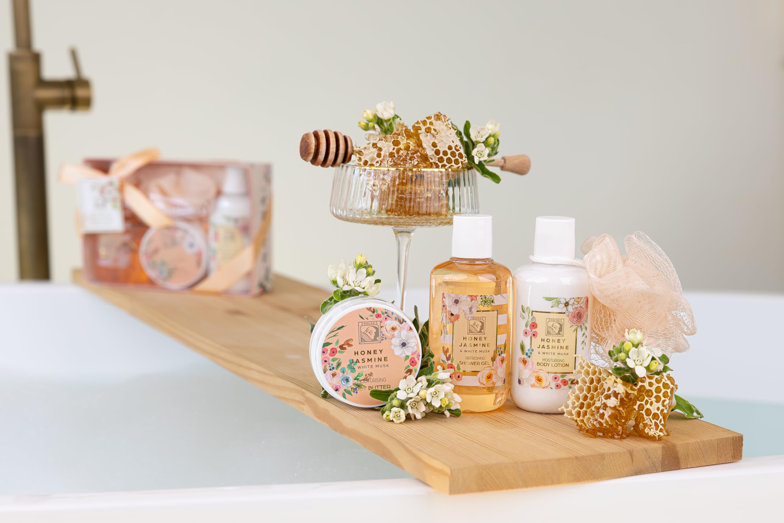 Accentra Zestaw prysznicowy dla kobiet HONEY Jasmin w pięknym pudełku prezentowym – 4-częściowy zestaw do pielęgnacji z żelem pod prysznic, balsamem do ciała, masłem do ciała i gąbką z siatki – zestaw