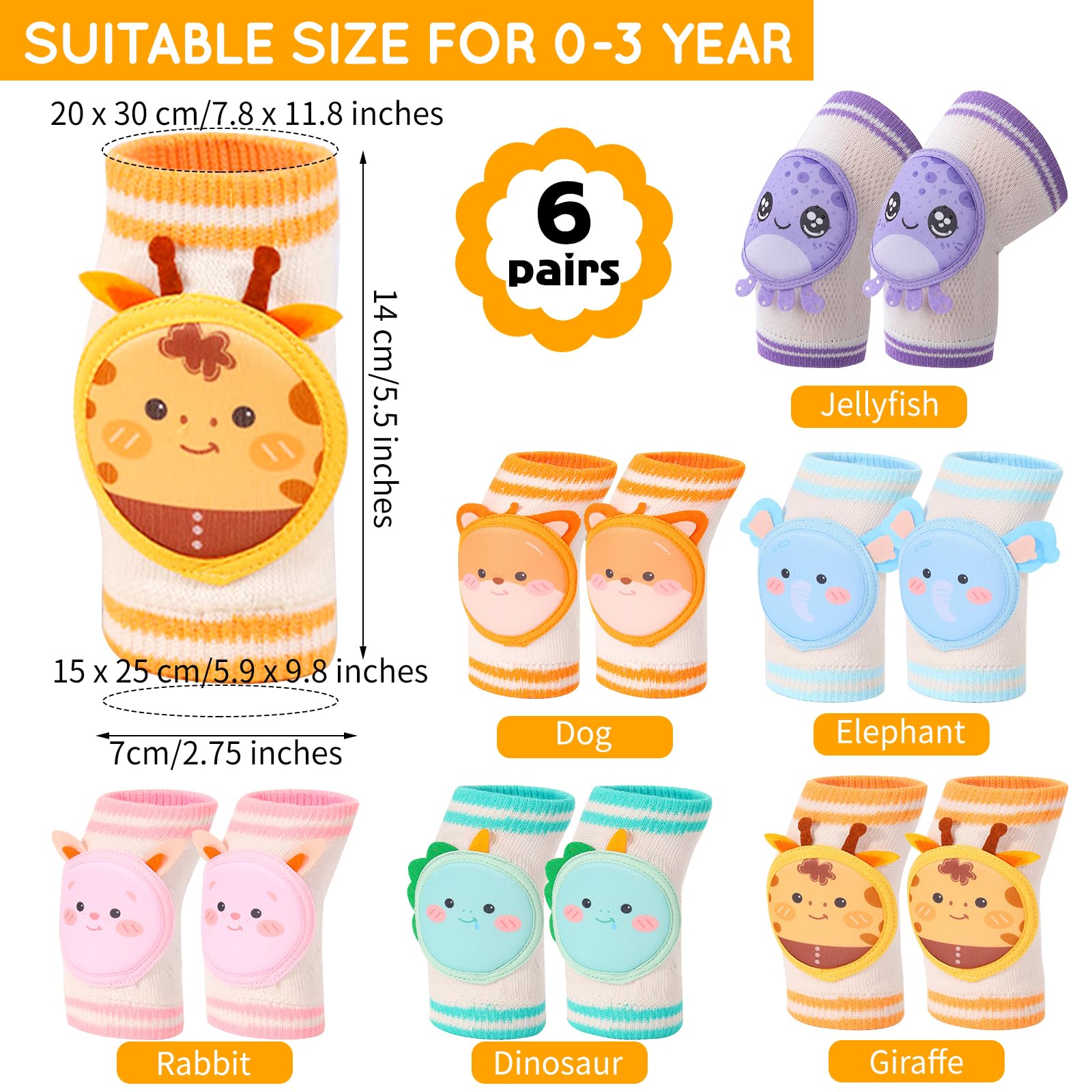 LAIAMER 6 Pairs Baby Knee Pads for Crawling Baby Cartoon Kneepads Baby Breathable Knee Pads Cute Animal Anti-Slip and Protect Toddlers Knees for Boys Girls Crawling Knee Pads 0-3 Years Old