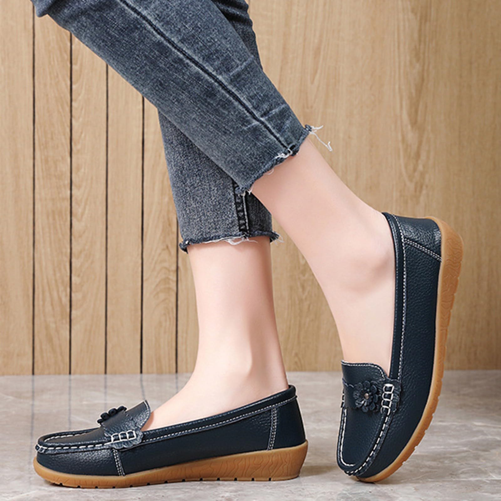 Generisch Mocasines de mujer Mocasín Zapatos planos para mujer elegantes zapatos planos Slip-On moda casual mocasines mujer cuero zapatos de barco zapatos anchos sin dolor largo de pie