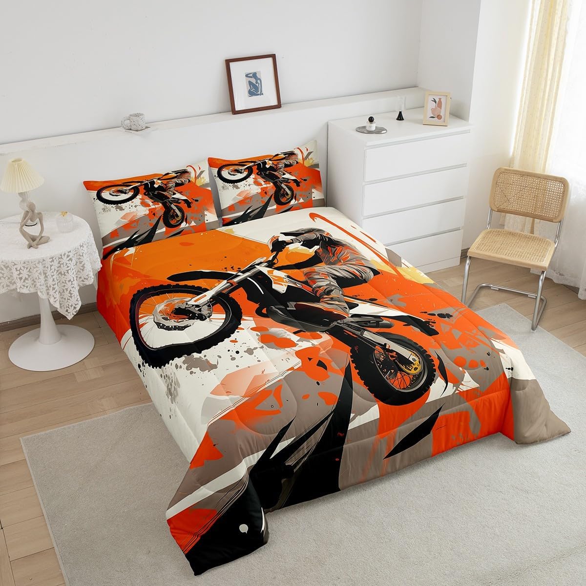 Feelyou Kids Dirt Bike Comforter Set Twin Size, Extreme Sports Bedding Set Racing Motocross Rider Comforter Boys Girls Motorcycle Teens Duvet Set Bedroom Decor Bed Set 2Pcs